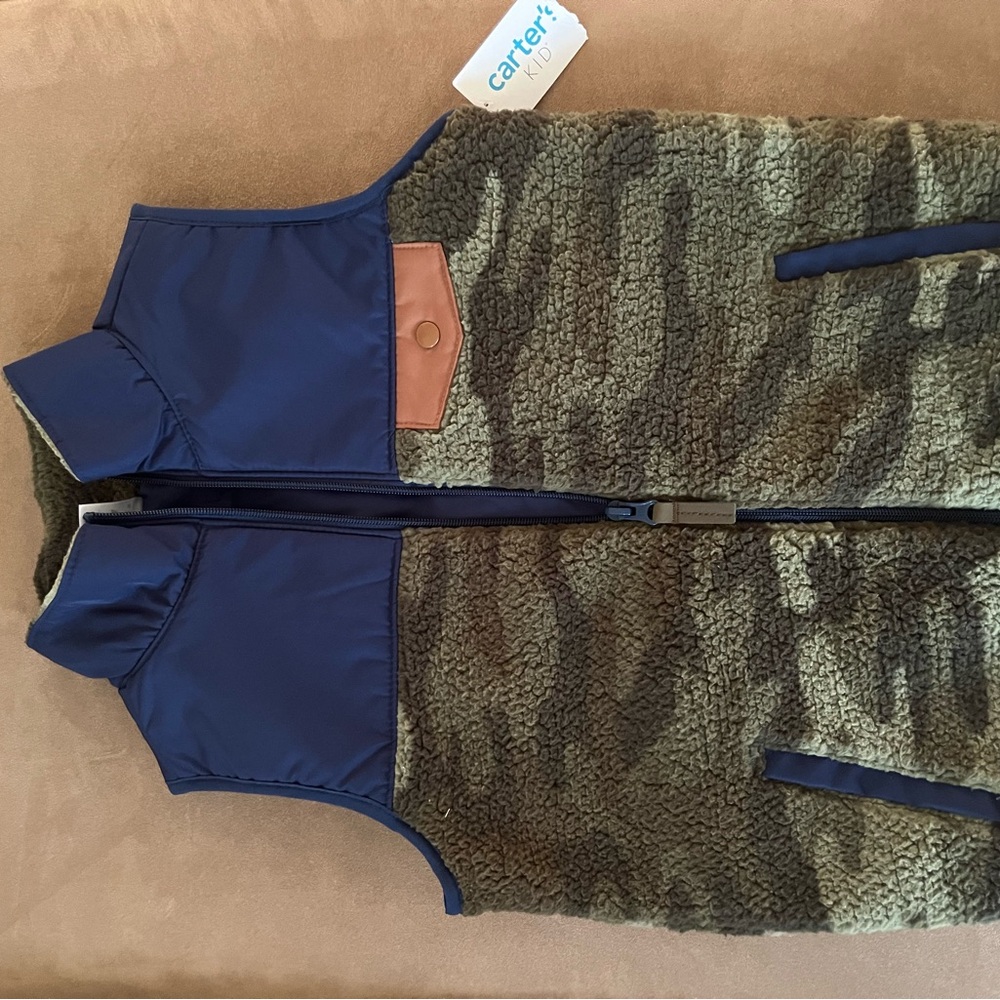 Carter's Green Camo Sherpa Vest with Navy Trim